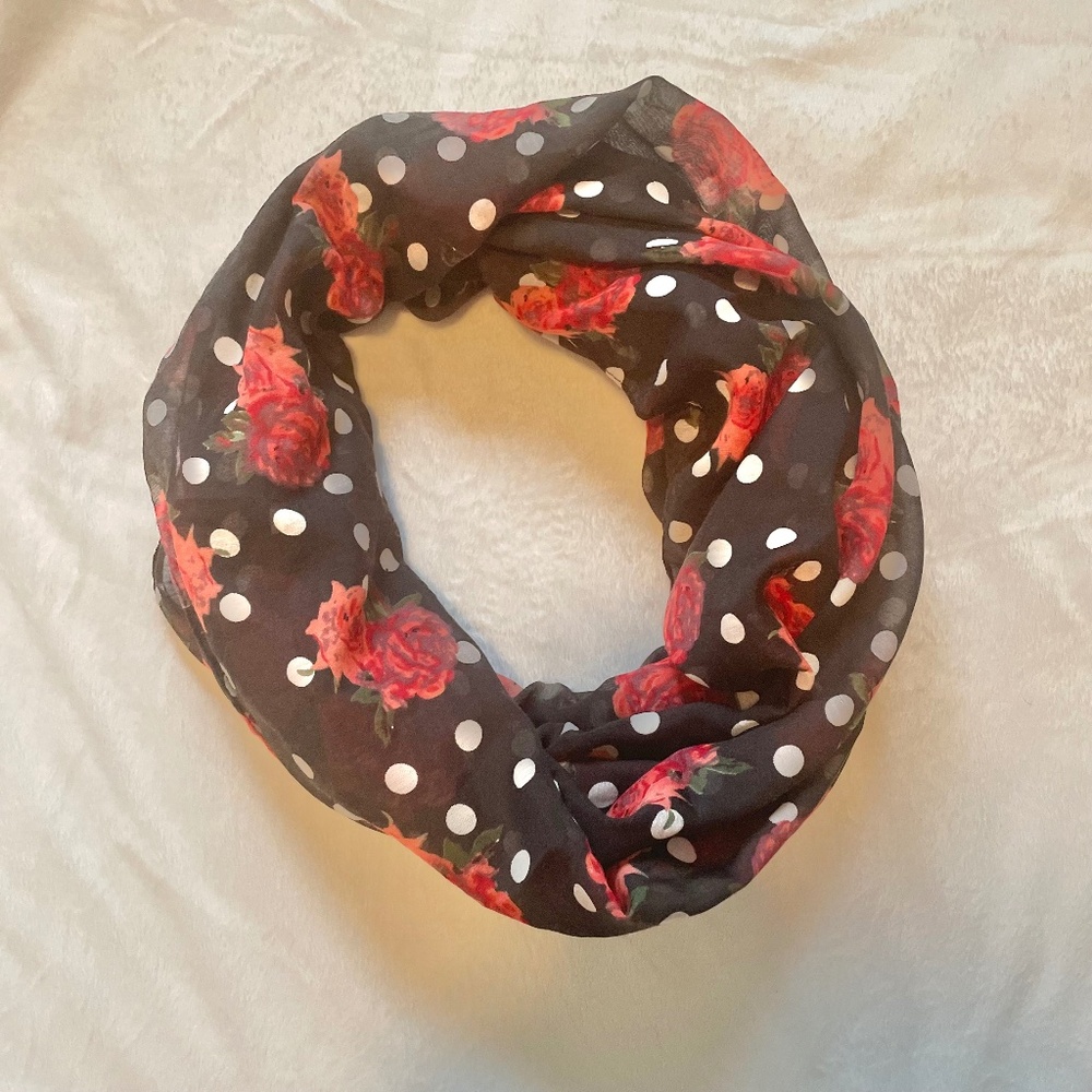 Floral Black Scarf with Polka Dot & Red Rose